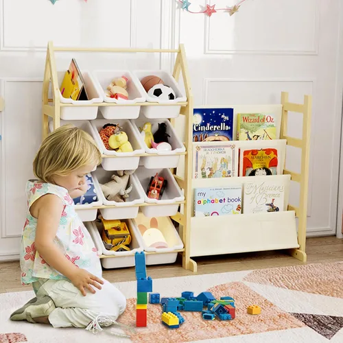Miniatura 7 de Organizador de Almacenamiento de Juguetes de Madera Estantería para Niños, con 12 Contenedores Organizadores de Juguetes, Estante de Libros