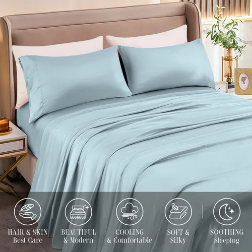 Miniatura 5 de Elegant Comfort Lujoso juego de sábanas de satén sedoso de 4 piezas, agradable para la piel y el cabello, resistente a las arrugas, la decoloración