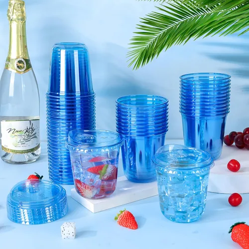 Miniatura 2 de KesaPlan Paquete de 50 vasos de plástico azul de 12 onzas con tapas para sorber, vasos de vino desechables sin popote para café helado, cócteles