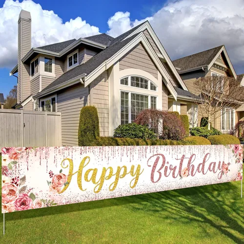 Cartel de feliz cumpleaños de color oro rosa de gran tamaño para mujeres, cartel de feliz cumpleaños para patio, decoración de automóvil para