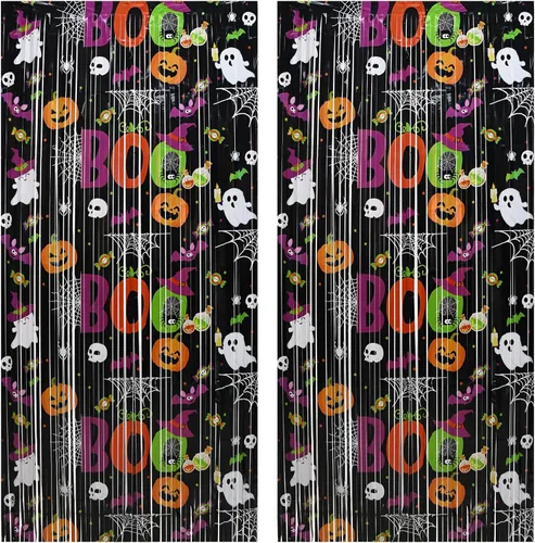 Miniatura 9 de Cortinas de flecos de aluminio negro para decoración de Halloween, paquete de 2 telón de fondo de oropel para accesorios de cabina de fotos