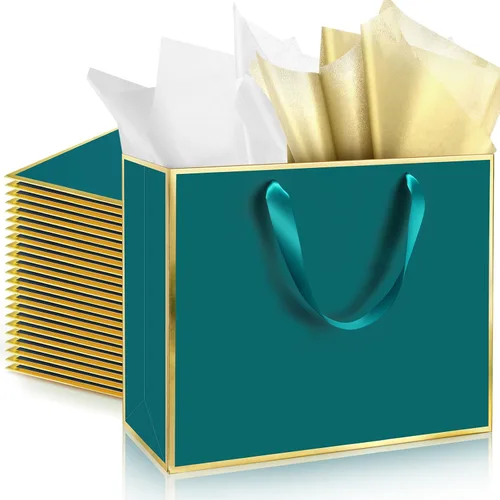 Miniatura 34 de ReliThick Paquete de 12 bolsas de regalo de papel metálico con asas y papel de seda de 11.8 x 10 x 4 pulgadas, bolsa de agradecimiento para Azul
