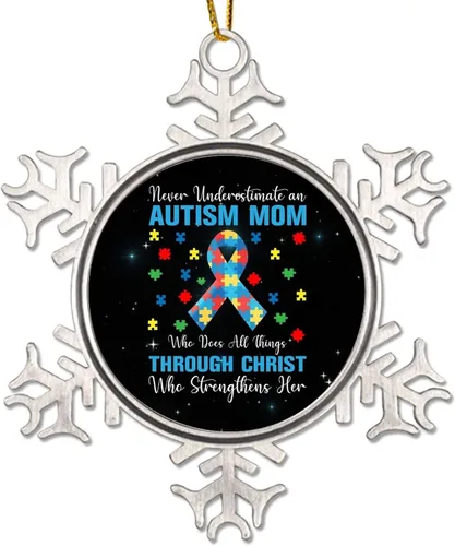 Miniatura 9 de Adornos de Navidad con diseño de copo de nieve de metal para concientización sobre el autismo, adornos de Navidad para autismo, regalo de autismo