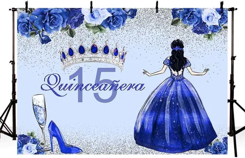 Miniatura 3 de Sendy Telón de fondo de quinceañera de 15 cumpleaños para niñas, vestido azul, corona de princesa, fondo de fotografía, flores azules y zapatos