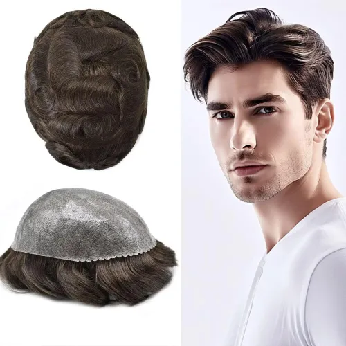 Miniatura 127 de Peluca completa de poliuretano para hombre, sistemas de reemplazo de cabello humano, piel fina y duradera, para hombre, prótesis de cabello