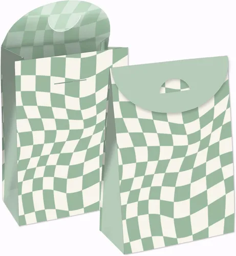 Big Dot of Happiness Fiesta a cuadros verde salvia - Bolsas de regalo - Cajas de regalos - Juego de 12