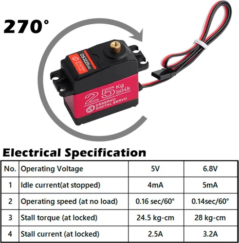 Miniatura 4 de 2 unids DS3218 44.1 lbs servo 270 grados de alto par impermeable servo engranaje de metal completo con servo bocina 25T 4.8-6.8V para 1/8, 1/10