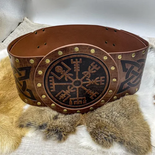 Miniatura 5 de HiiFeuer Viking Cinturón ancho en relieve cinturón nórdico de piel sintética con corsé de caballero disfraz LARP de Halloween