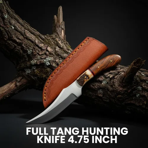 Miniatura 2 de SZCO Cuchillo de caza Full Tang de 4.75 pulgadas, cuchillo de campamento pequeño con mango de madera, hoja de acero inoxidable y funda, cuchillo