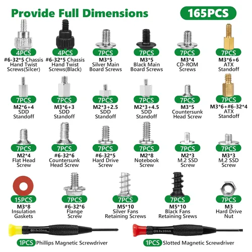 Miniatura 5 de 165 piezas de kit de tornillos para computadora para reparación de laptop y PC - Tornillos PCIe NVMe M.2, tuercas de separación, kit de tornillos