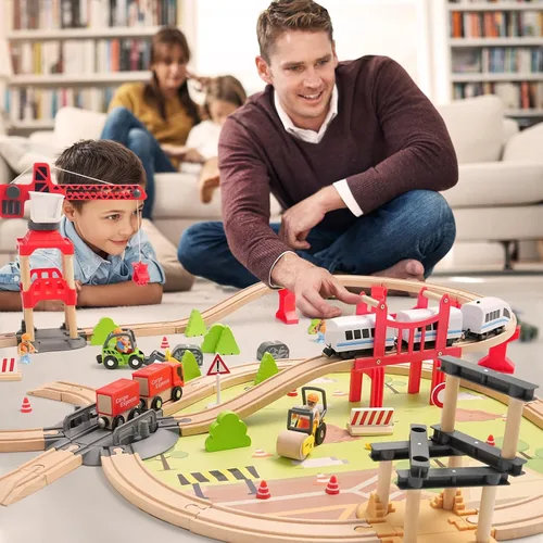 Miniatura 7 de Juego de Tren de Madera de 104 Piezas para Niños Pequeños, Trenes Magnéticos con Vía para Niños de 3 a 6 Años, Compatible con las Principales