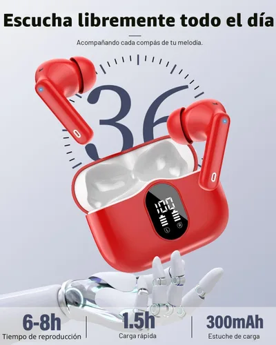 Miniatura 7 de Auriculares inalámbricos, Bluetooth 5.4, estéreo de bajos, auriculares con micrófono con cancelación de ruido, pantalla LED en el oído, llamadas Rojo