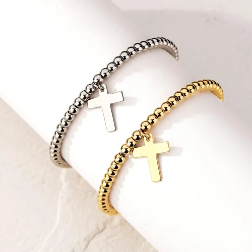 Miniatura 4 de Pulsera de cuentas de oro de 14 quilates chapada en oro con cruz y cadena de cola ajustable de 2.2in.