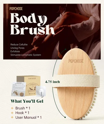 Miniatura 4 de POPCHOSE Cepillo de cepillado en seco para el cuerpo, cepillo exfoliante de cerdas naturales para piel seca, cepillo corporal para una piel