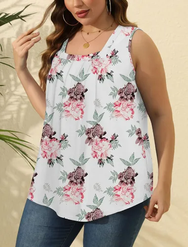 Miniatura 89 de Saloogoe - Camisetas sin mangas veraniegas para mujeres, plisadas con cuello cuadrado y dobladillo curvado, blusas de ajuste holgado con movimiento