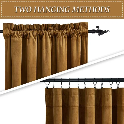 Miniatura 3 de RYB Home Cortinas de terciopelo marrón dorado para sala de estar, decoración de ventana de lujo para oscurecer la habitación, cortinas con 3-Marrón
