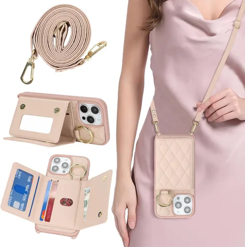 Miniatura 14 de Funda para iPhone 14 Plus con tarjetero y correa para mujer, cordón cruzado, espejo de maquillaje, soporte de anillo, cierre a presión, bonitas Rosa