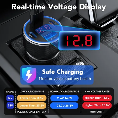Miniatura 3 de Cargador de coche USB C de carga rápida, 4 puertos 78 W cargador de teléfono de coche de metal con voltímetro, 2 USB-C y 2 USB-A 12 V-24 V cargador