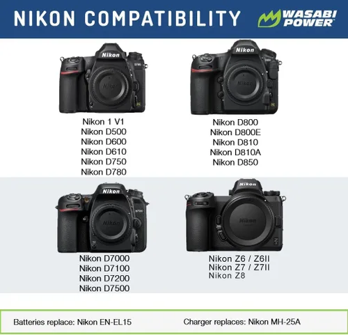 Miniatura 2 de Wasabi Power Batería (paquete de 2) y cargador para Nikon EN-EL15 y Nikon D500, D600, D610, D750, D780, D800, D800E, D810, D810A, D850, D7000