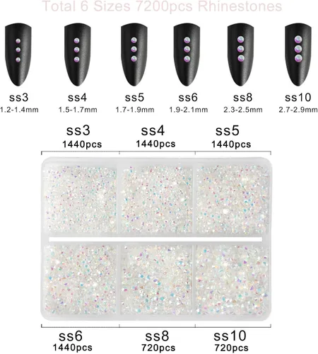 Miniatura 4 de Beadsland 7200 piezas de diamantes de imitación con parte trasera plana, diamantes de imitación transparentes para uñas, gemas redondas de cristal