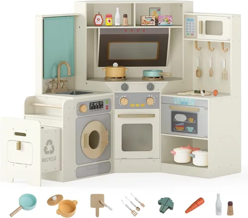 Costzon Cocina de Juego de Esquina, Cocina Grande de Juego de Simulación con Luz y Sonido Reales, Cubo de Basura Extraíble, Estufas, Microondas,