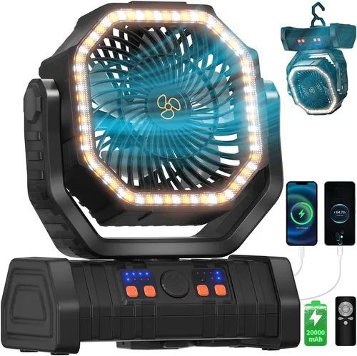 Ventilador Operado por Batería Portátil Alimentado por Batería Ventilador para Tienda de Campaña al Aire Libre con Luz de Linterna LED 20000mAh