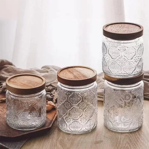 Miniatura 5 de ANSQU Paquete de 4 tarros de almacenamiento de vidrio vintage, recipiente de almacenamiento de vidrio de 16.9 onzas líquidas con tapa de madera