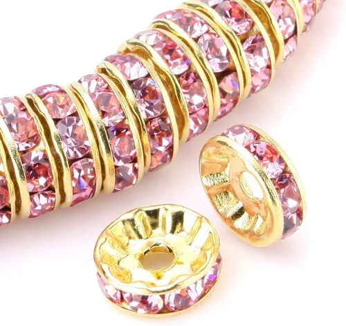 Miniatura 14 de RUBYCA 100 unidades de cuentas espaciadoras redondas estilo Rondelle en tono dorado de 10 mm, cristal checo AB blanco
