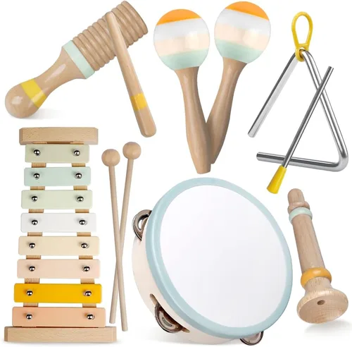 Instrumentos musicales para bebés, juguetes Montessori de madera para niños pequeños de 1 a 3 años, colores neutros, juego de instrumentos de