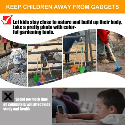 Miniatura 4 de 8 piezas de herramientas de jardinería para niños, juego de rastrillo y pala para niños, herramientas de jardín al aire libre para niños pequeños, 8