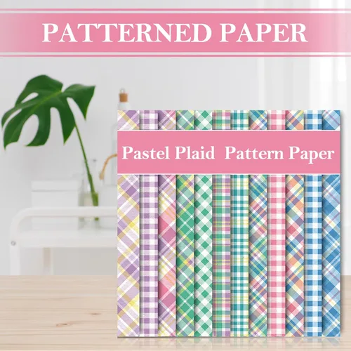 Miniatura 4 de Whaline 24 hojas de papel de primavera pastel con patrón a cuadros, 12 diseños, álbumes de recortes, papel especial para Pascua, papel decorativo