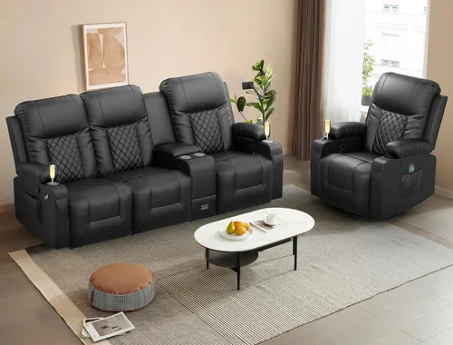 YONISEE - Juego de sofá reclinable moderno - Sofá de 3 asientos y 1 silla reclinable giratoria con calor y masaje para sala de estar (3+1)