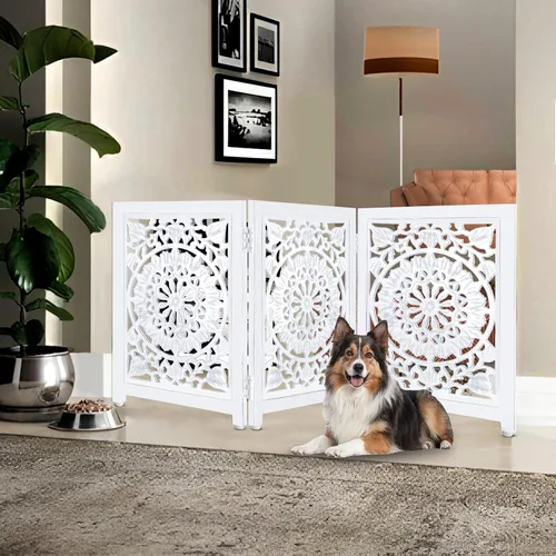 Miniatura 10 de Lightnpro Valla de madera geométrica para mascotas - Puerta de seguridad plegable independiente para perros, cachorros y mascotas pequeñas, valla