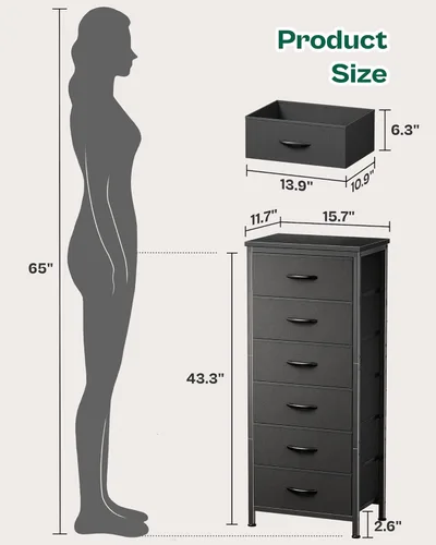 Miniatura 2 de Huuger Cómoda alta para dormitorio, cómoda estable de 7 cajones con dispositivo antipunta, cajones de piel sintética y tela, mesita de noche alta