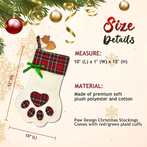 Miniatura 7 de Calcetines de Navidad personalizados para perros, patas de perro con nombre, sherpa sintético blanco con puño a cuadros rojos y detalles de hueso