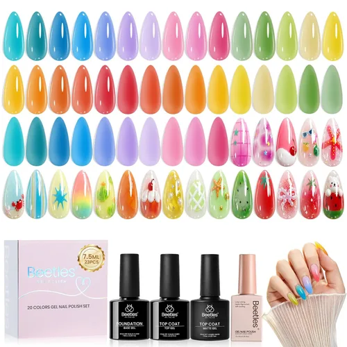 Miniatura 15 de Beetles - Set de 20 esmaltes de gel p/decoración de uñas, colección Fall Yard, purpurina naranja/marrón/rojo/azul marino, semipermanente, LED c/capa