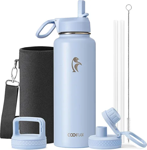Miniatura 27 de Coolflask Botella de agua de 20 onzas aislada con pajilla, 3 tapas de metal de acero inoxidable, botella de agua de boca ancha para deportes u