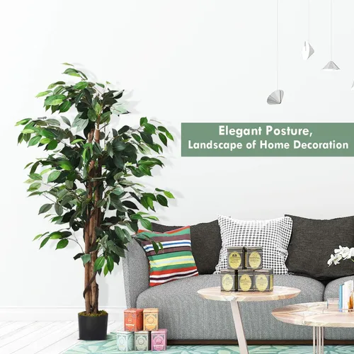 Miniatura 2 de Goplus Árbol de seda artificial de ficus de 4 pies, árbol falso en maceta con hojas verdes y tronco natural, sin mantenimiento, planta sintética