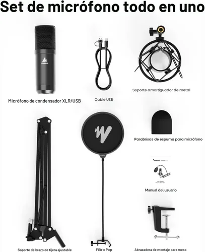 Miniatura 9 de MAONO Micrófono de condensador XLR/USB: 192kHz/24Bit Plug & Play PC Podcast Kit de micrófono de metal cardioide con software, chipset de sonido