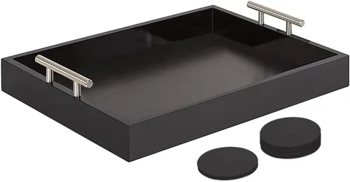 Miniatura 8 de Bandeja para servir de 16.5 x 13 pulgadas, bandeja otomana de madera de lujo, mesa auxiliar con asas de metal plateado pulido, 4 posavasos redondos