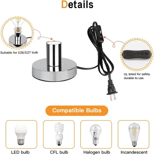 Miniatura 4 de Base de lámpara de mesa industrial Helunsi, base de lámpara E26 E27 plateada sin pantalla, base de lámpara de escritorio corta expuesta, soporte