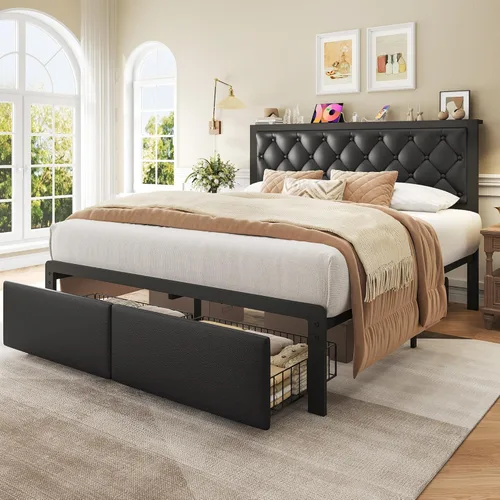 Miniatura 7 de Fluest - Base de cama tamaño Queen con 2 cajones de almacenamiento, cabecero tapizado con botones y estación de carga, no necesita somier, libre