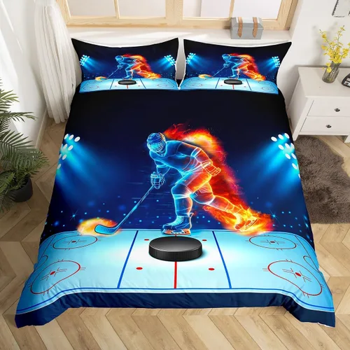 Manfei Juego de funda de edredón de hockey tamaño individual, juego de ropa de cama de jugador de hockey sobre fuego y agua, 2 piezas para niños y