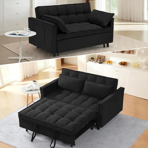 Miniatura 20 de CAPCAEK - Sofá cama convertible 3 en 1, sofá biplaza de terciopelo moderno con cama extraíble, sofá de salón pequeño con respaldo reclinable, negro