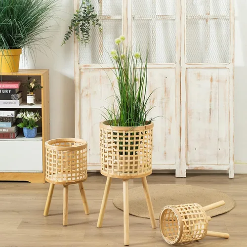 Miniatura 4 de Soporte tejido de bambú para macetas con patas de madera, cesta de ratán interior, macetas, soporte tejido para plantas de interior, soporte