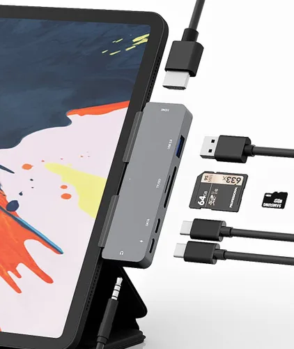 Adaptador para iPad Pro USB C Hub M4 M2 M1/iPad Air 4/5/6/iPad Mini 6, Adaptador 7 en 1 con HDMI 4K, Jack de 3.5mm, USB 3.0, PD 100W, SD/TF, Datos
