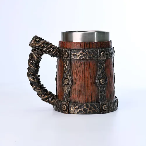 Taza de cerveza vikinga con inserto de acero inoxidable, creativa pintada a mano, madera de imitación medieval, jarra de cerveza de barril de