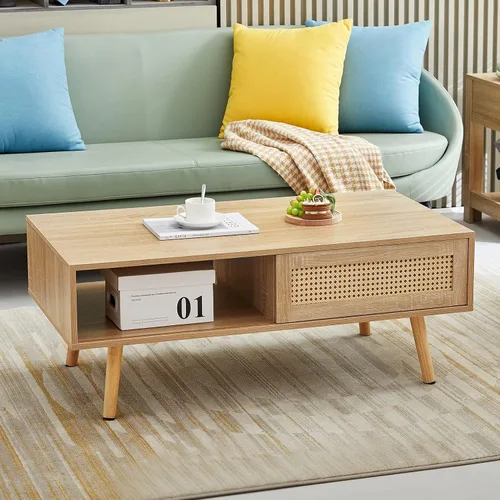 Miniatura 11 de Mesa de centro moderna de mediados de siglo con almacenamiento, mesa rectangular de madera de 41.3 pulgadas con panel de puerta deslizante de ratán