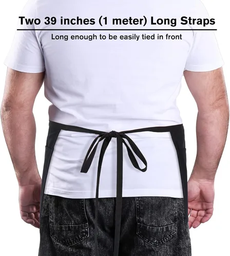 Miniatura 2 de Jubatus Paquete de 3 delantales de servidor 100% algodón con 3 bolsillos para mujeres y hombres, para camarera de cintura, delantales cortos