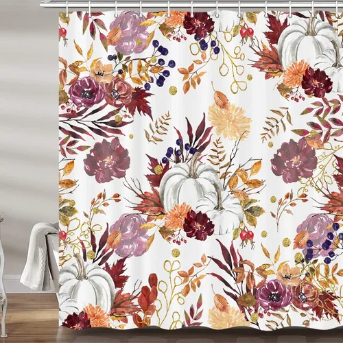 Miniatura 8 de MERCHR Cortina de ducha de otoño, lindo juego de cortinas de ducha de tela de cosecha de hojas rojas y doradas para baño, accesorios de decoración
